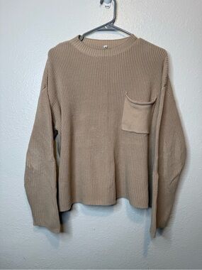 Oatmeal Boxy Long Sleeve Patch Pocket Sweater Size Medium Cozy Academia Layering